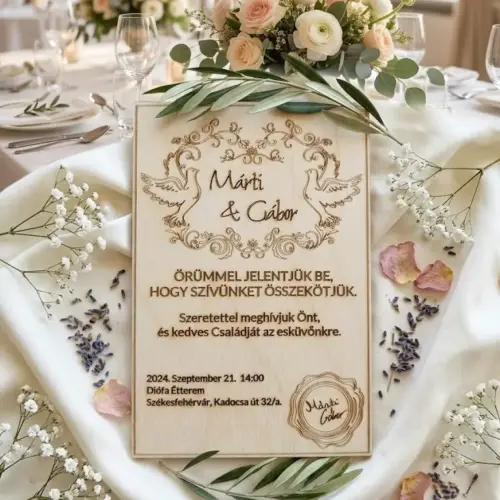 Csodaszép gravírozott fa esküvői meghívó 12 cm x 18 cm