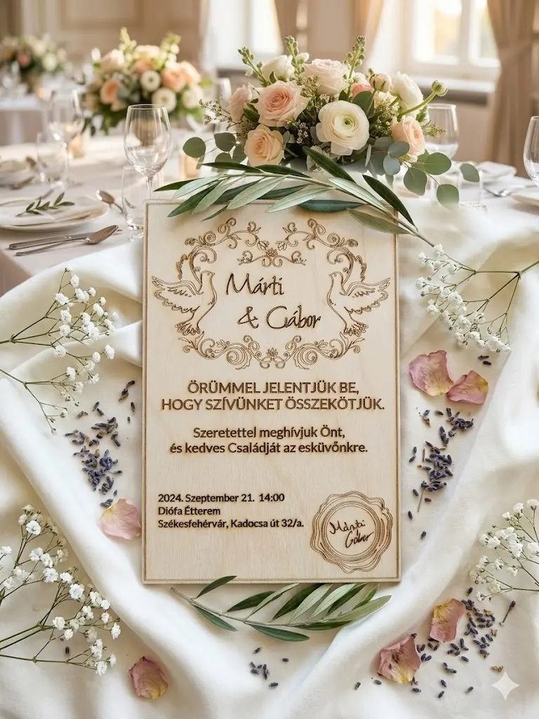 esküvő meghívó Csodaszép gravírozott fa esküvői meghívó 12 cm x 18 cm - Image 1