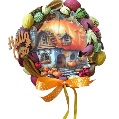 Őszi kopogtató tök ház 15 cm
