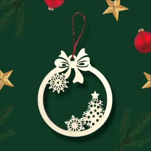 Fa karácsonyfadísz – hópelyhes, masnis (9 cm)